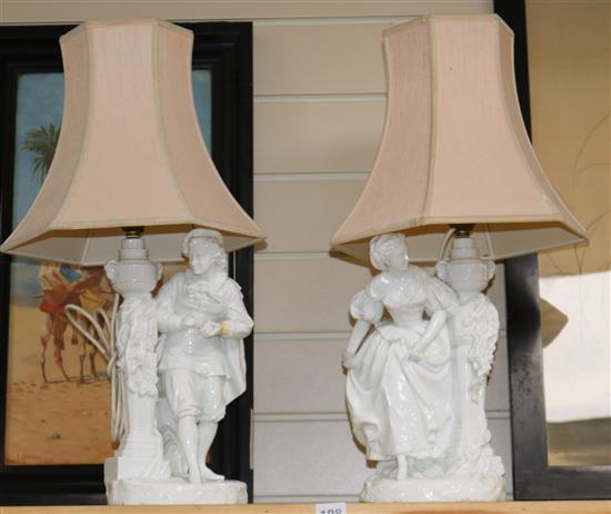 A pair of blanc de chine Dresden lamps